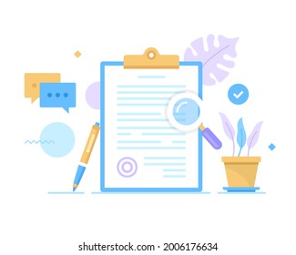 Sign contract. Vector illustration. Clipboard with document, stamp, pen and magnifying glass. Treaty, e-signing, application form, agreement, signing document concepts