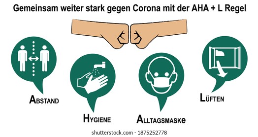 Sign for Corona rules with German text: "Together we continue strong against Corona with the AHA + L rule". (Distance, hygiene, everyday mask, ventilate) vector