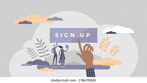 Regístrate para crear una nueva cuenta o iniciar el concepto de minúsculos del perfil del sitio web. Haga clic con el cursor sobre el botón para la ilustración vectorial de suscripción de marketing. Escena simple con registro en línea.