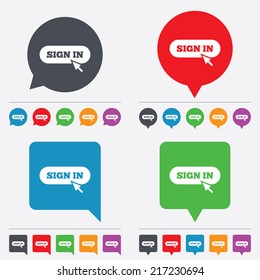Sign in with cursor pointer sign icon. Login symbol. Website navigation. Speech bubbles information icons. 24 colored buttons. Vector