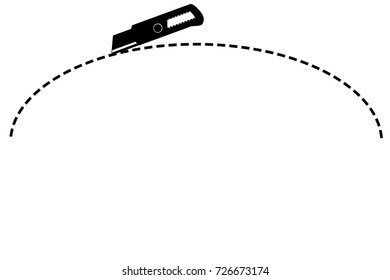 Sign Cut Here, With Cutter, Half of Oval, Isolated on White
