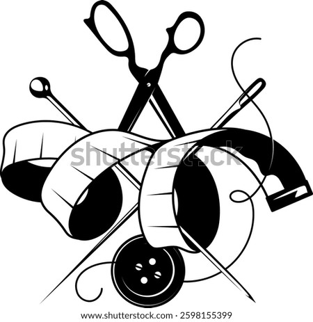 Sign for cutting and sewing. Needle with thread, scissors and tape measure