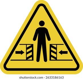 Sinal de perigo de esmagamento. Risco de esmagamento entre objetos em movimento. Mecanismos móveis. Mecanismos com fecho automático. Aviso sinal de estrada triângulo amarelo.