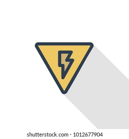 Sign of danger, high voltage thin line flat color icon. Linear vector illustration. Pictogram isolated on white background. Colorful long shadow design.