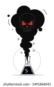 Sign of danger to life. Toxic black smoke coming out of a flask or beaker. 