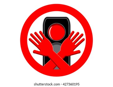 sign danger. Red light of the traffic light and two hands in a red circle