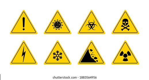 Sign of danger. Triangle sign for caution. Icon of toxic, skull, poison, biohazard, virus, electric voltage and radiation. Logo for safety. Signal of warn on yellow background. Symbol of risk. Vector.
