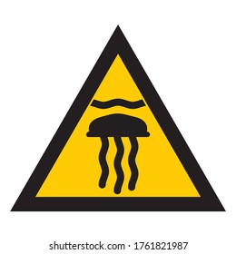 Sign dangerous jellyfish. Yellow triangle marine Stingers. Warning marine danger.  Sign on white background.