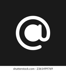 At sign dark mode glyph ui icon. Email address. Online communication. User interface design. White silhouette symbol on black space. Solid pictogram for web, mobile. Vector isolated illustration