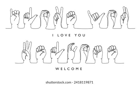 Sign deaf language. I love you and welcome word in American sign language ASL hand gestures continuous one line educational vector illustration set of deaf communicate