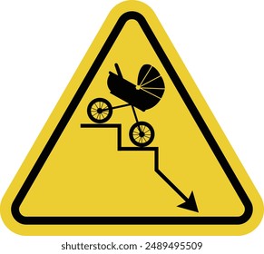 Sign of declining birth rate. Negative fertility graph with an arrow pointing down. Demographic decline, fertility decline curve. Warning yellow triangular sign.