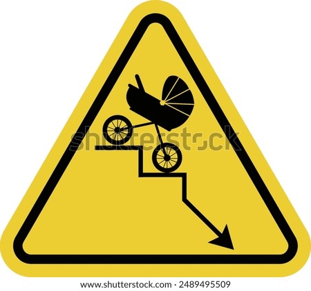Sign of declining birth rate. Negative fertility graph with an arrow pointing down. Demographic decline, fertility decline curve. Warning yellow triangular sign.