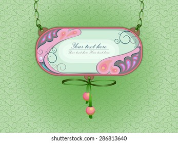 A sign or decoration with place for text. Painting on enamel with ornament. Honeymoon inscriptions.