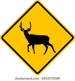 Sign deer, elk. Beware deer, elk crossing the road. Yellow diamond shaped warning road sign. Diamond road sign. Rhombus road sign.