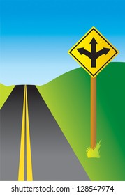 Sign depicting a three-way fork in the road with optional road, hills and sky background.