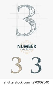 Sign design element. Vector illustration. Abstract ornate curly number - three