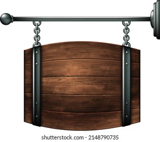 Sign design for a pub or wine bar in the form of a barrel on chains. High detailed realistic illustration.