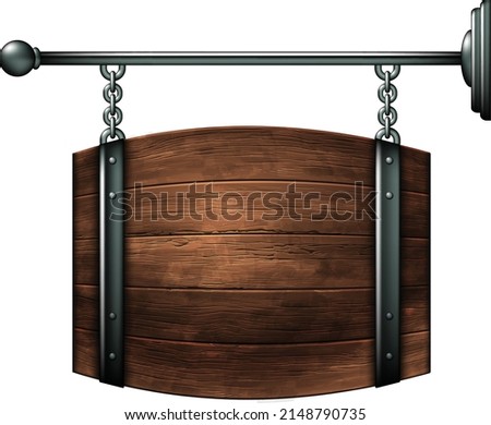 Sign design for a pub or wine bar in the form of a barrel on chains. High detailed realistic illustration.