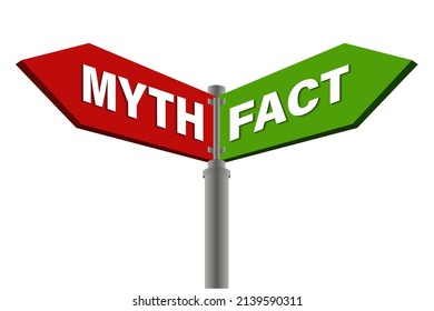 Sign direction with myth and fact vector illustration. 3d  signpost for true or false facts, guide arrows on pole for making human choice, way on road, idea or decision isolated on white