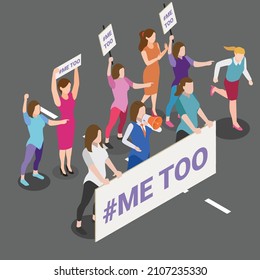 Sign displaying the #metoo message raised at the Women's March isometric 3d vector concept for banner, website, illustration, landing page, flyer, etc.