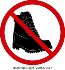 Sign do not walk in shoes. Forbidding sign, do not walk on the grass. Red crossed circle with a silhouette of a shoe inside. Shoes are not allowed. Shoe ban. Round red stop shoes sign.