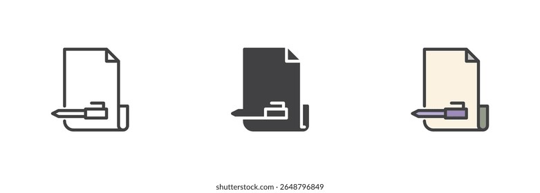 Sign document with pen line icon, solid and filled outline colorful icon set featuring document with signature outline, solid sign icon and filled outline version as color vector sign symbol.