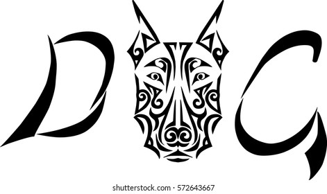Sign "DOG" with a doberman head stylized Maori face tattoo. Vector
