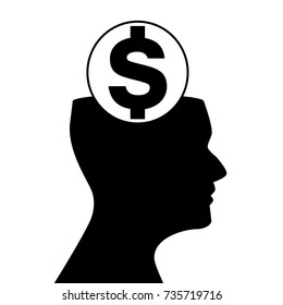 Sign of dollar inside of human head isolated on white background. Vector illustration, icon, emblem. 