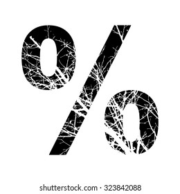 Sign % double exposure with white tree isolated on black background.Vector illustration.Black and white double exposure silhouette lettering combined with photograph of nature. Letters  alphabet.