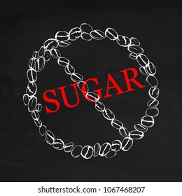 Sign of drink coffee without sugar. Warning sign without sugar. Coffee sugar free. No sugar. Danger sign of silhouette coffee beans in the form of a circle of prohibition. Hand drawn style.