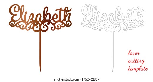 Sign 'Elizabeth' cake toppers for laser or milling cut. Cut for decoration design. Name topper. Holiday greeting. Elegant decoration. Laser cut. Isolated design element
