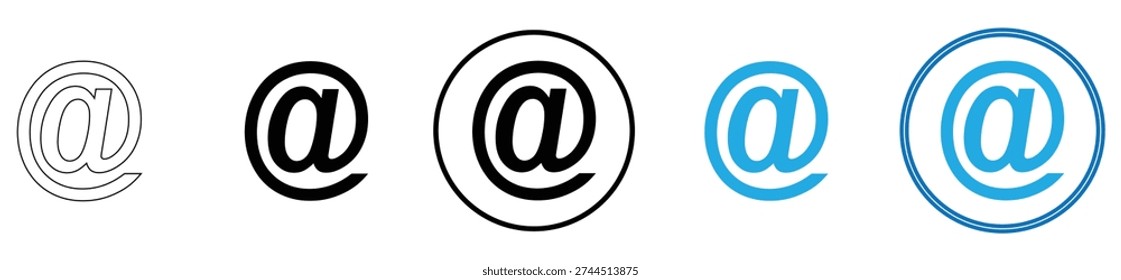 At sign email icon set, symbol for communication, internet, and digital correspondence