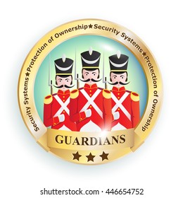 Sign, emblem, logo image with creative characters of soldiers of the old army of the 19th century in red uniforms with guns with business slogans symbolizing a company, organization or enterprise.