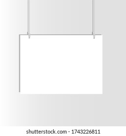 The sign is empty, white, with a shadow, suspended on cords. Vector illustration, eps 10.