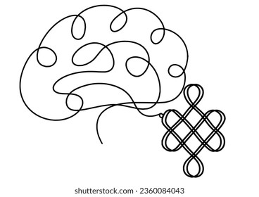 Sign of endless auspicious knot with  brain as line drawing on the white background. Vector