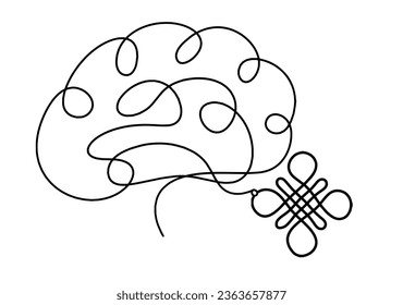Sign of endless auspicious knot with  brain as line drawing on the white background. Vector