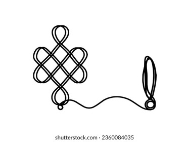 Sign of endless auspicious knot with exclamation mark as line drawing on the white background. Vector