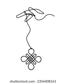 Sign of endless auspicious knot with hand as line drawing on the white background. Vector