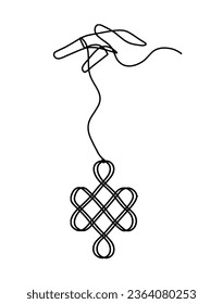 Sign of endless auspicious knot with hand as line drawing on the white background. Vector