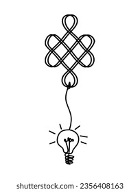 Sign of endless auspicious knot with light bulb as line drawing on the white background. Vector