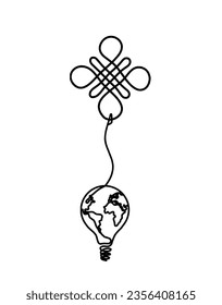 Sign of endless auspicious knot with light bulb as line drawing on the white background. Vector