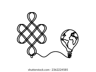 Sign of endless auspicious knot with light bulb as line drawing on the white background. Vector