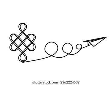 Sign of endless auspicious knot with paper plane as line drawing on the white background. Vector