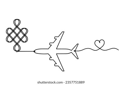 Sign of endless auspicious knot with plane as line drawing on the white background. Vector