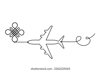 Sign of endless auspicious knot with plane as line drawing on the white background. Vector