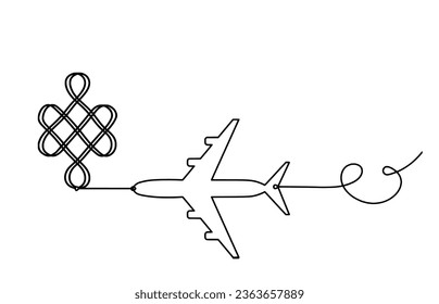Sign of endless auspicious knot with plane as line drawing on the white background. Vector
