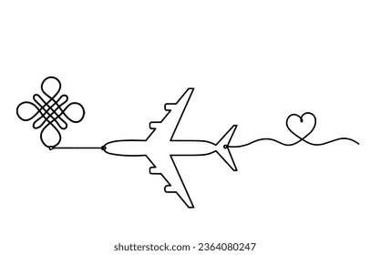 Sign of endless auspicious knot with plane as line drawing on the white background. Vector