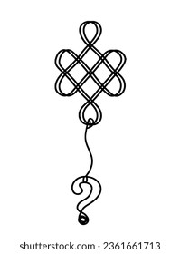 Sign of endless auspicious knot with question mark as line drawing on the white background. Vector