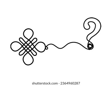 Sign of endless auspicious knot with question mark as line drawing on the white background. Vector
