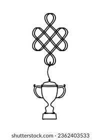 Sign of endless auspicious knot with trophy as line drawing on the white background. Vector